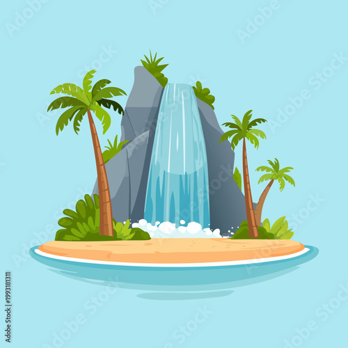 beautiful waterfall cascading into the ocean with palm trees representing tropical paradise for your travel and nature themed creative design project concepts