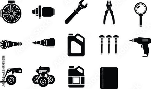 Collection of black and white icons representing various tools, automotive parts, and industrial equipment.