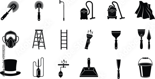 Collection of chimney sweep and cleaning service icons including brushes, ladders, and tools.