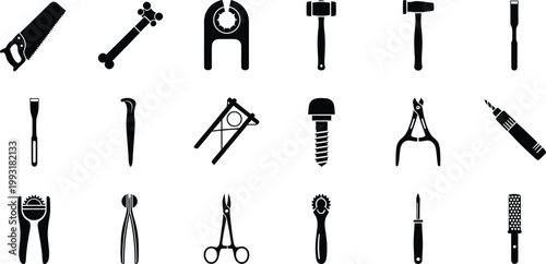 Black and white icons of various construction and carpentry hand tools on a white background.