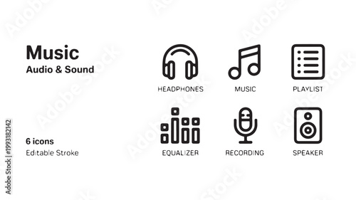 Music Audio Icons Set with Headphones Equalizer and Speaker Symbols for Sound Design and Studio Production