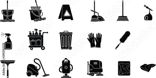 Collection of professional cleaning equipment and janitorial service icons isolated on white background