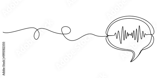 Continuous one line of a speech bubble with sound waves inside, representing conversation and communication,style hand drawn vector illustration.
