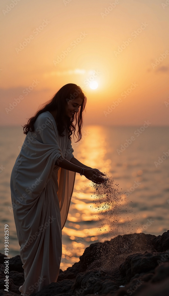 Fototapeta premium 女性が日の出を背景に海辺でサンドを撒いている。儀式や自然、または精神的な瞬間を象徴するイメージ。海や日常の儀式に関連するコンテンツに適した写真