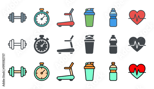 Fitness icon set dumbbells, stopwatch, exercise bike, water bottle, heart outline, solid and color styles, white background