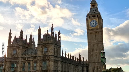 London, UK Big Ben (Elizabeth tower) and Houses of Parliament historical buildings at sunset.