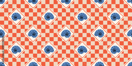 Aesthetic seamless pattern featuring a vibrant orange and beige checkerboard background. Hand-drawn blue nautilus shells are placed inside white diamond frames, creating a modern Mediterranean coastal
