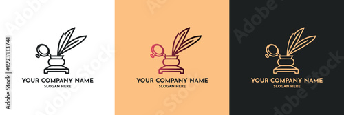 Professional logo template featuring a classic inkwell and two feathers in a minimalist line art style. Set includes three variations: black on white, burgundy on peach, and luxury gold on dark grey. 