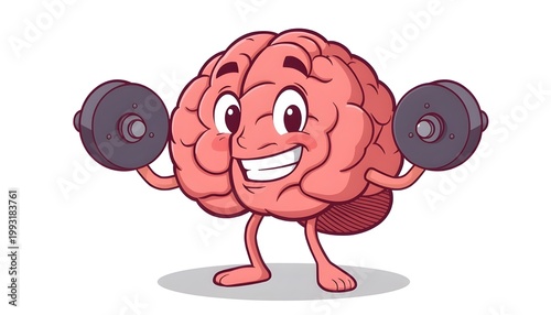 A cartoon brain lifting dumbbells with a cheerful expression on its face