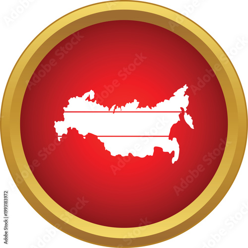 Russia map outline with horizontal white stripes over a red background, framed by a gold circle