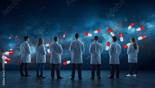 A group of scientists in lab coats stand in a futuristic laboratory surrounded by floating red and white capsules under a starry night sky