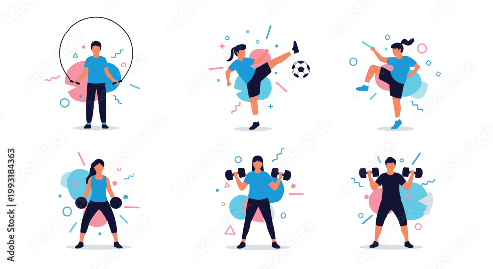 Fototapeta premium Diverse group of people staying active by participating in different sports and fitness activities like soccer and weightlifting.