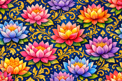 Artistic Thai floral seamless pattern, vibrant lotus flowers in multicolor palette