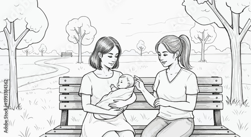 Lesbian Couple with Newborn Baby on Park Bench Vector Illustration