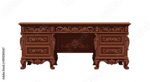 A highly ornate dark wood executive desk features intricate floral carvings and multiple drawers with brass hardware in a classic Victorian style.