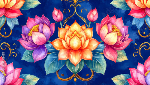 Artistic Thai floral seamless pattern, vibrant lotus flowers in multicolor palette