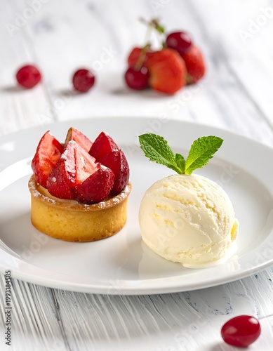A dessert plate with a small cake and ice cream
