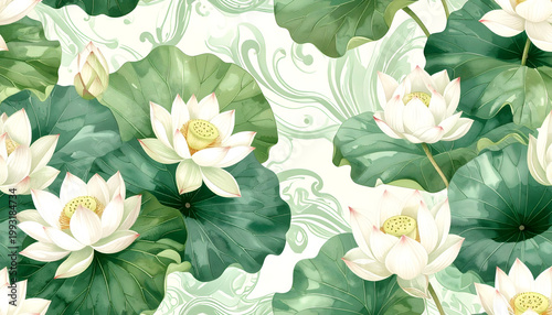 Thai botanical seamless pattern, lotus flowers mixed with tropical leaves, fresh green