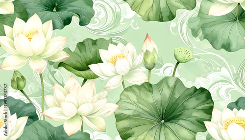 Thai botanical seamless pattern, lotus flowers mixed with tropical leaves, fresh green