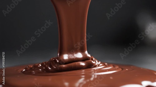Luxurious melted chocolate pouring and swirling, creating a rich, glossy texture for desserts and baking.