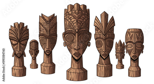 Six slender African wooden statues stand in a row showcasing intricate carved patterns and tribal facial features with a warm mahogany color palette.