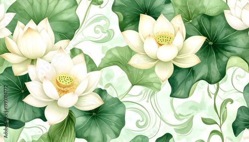Thai botanical seamless pattern, lotus flowers mixed with tropical leaves, fresh green
