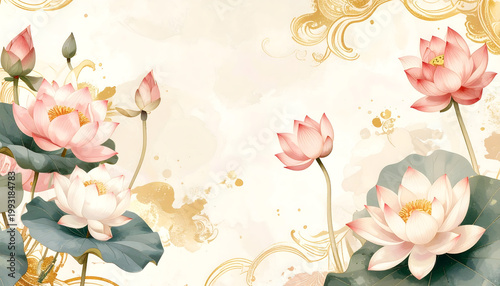 Thai inspired floral seamless pattern, lotus and jasmine flowers, cream background 