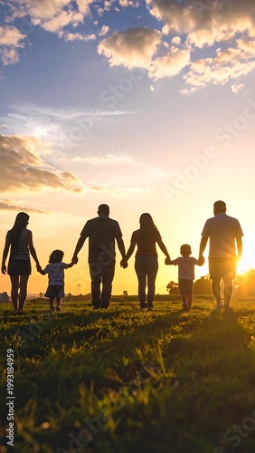 A family walks hand in hand in a field at sunset