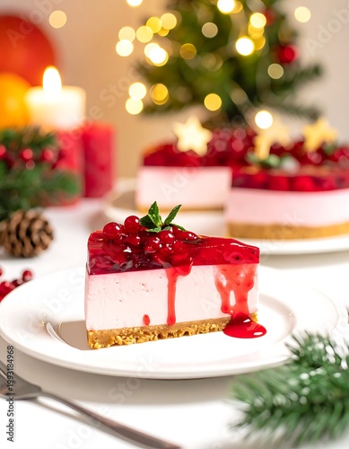 A festive holiday dessert scene with cheesecake and cranberries