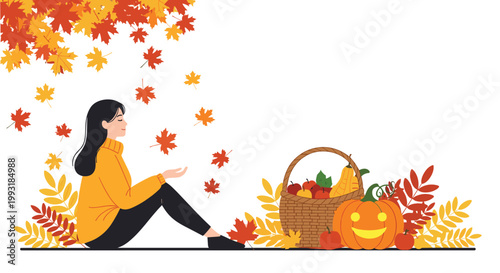Young woman sits peacefully on the ground as autumn leaves fall around her next to a basket filled with pumpkins and apples.