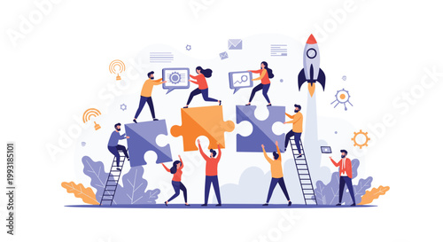 Collaborative team working together to assemble large jigsaw puzzle pieces as a rocket launches symbolizing business growth and success.