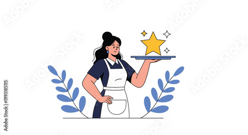 Happy waitress or hostess in an apron presenting a gold star on a tray as a symbol of high quality service and excellence.