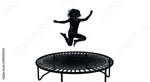 Dynamic silhouette of a young girl jumping high in the air on a backyard trampoline showing energy and joyful play against white.
