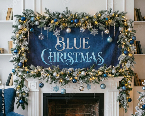 Blue Christmas banner with fir branches, lights and decorations