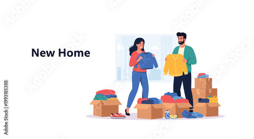 Young couple happily packing clothes into cardboard boxes while moving into their new home representing fresh starts and life changes.