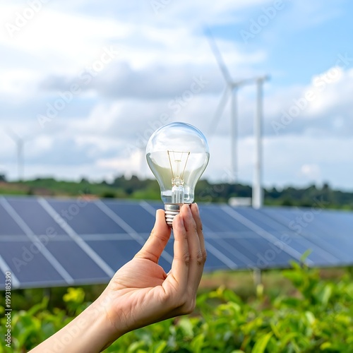 A hand holding a light bulb with solar panels and wind turbines