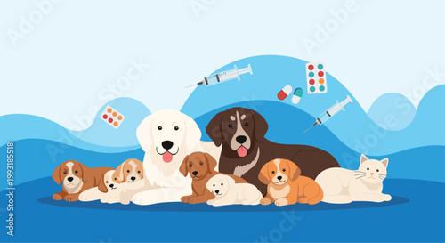 Group of various dogs and a cute cat surrounded by veterinary medicine symbols like syringes and pills for animal healthcare.