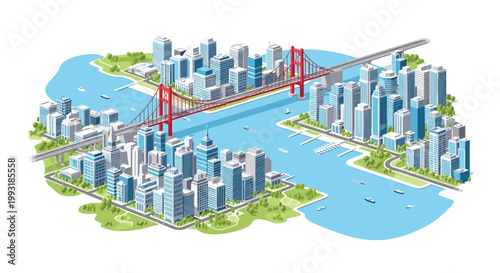 A detailed isometric cityscape displays a wide blue river flowing between two modern urban districts connected by a long red suspension bridge with boats.
