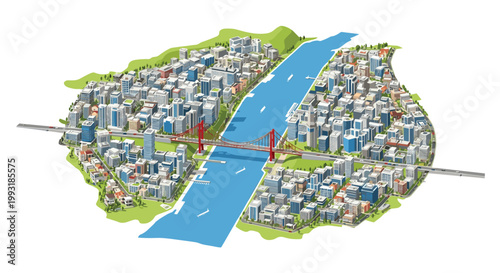 A circular isometric map depicts a bustling metropolitan area divided by a straight blue river and joined by a striking red suspension bridge structure.