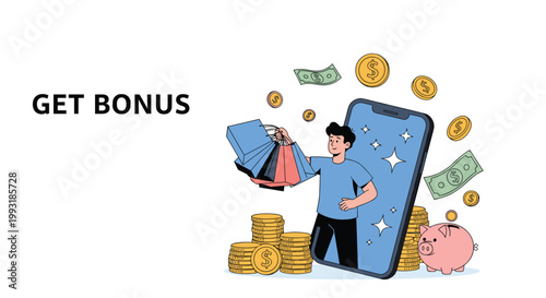 Excited man holding shopping bags while standing inside a giant smartphone screen with floating coins and cash for a get bonus promo.