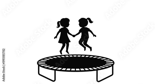 Silhouette of two young girls holding hands while jumping together on a trampoline against a white background for fun and play.