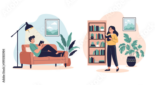 Young man and woman enjoy reading books in cozy home environment featuring plants and bookshelves for relaxation and hobby.
