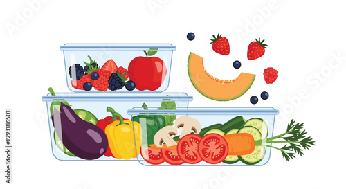 Healthy meal prep containers filled with various fruits and vegetables for organized nutrition and weight loss planning.