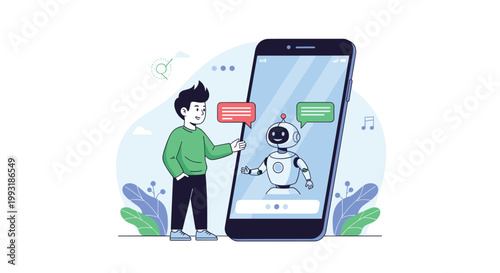 Young boy interacting with a friendly robot on a large smartphone screen representing future technology and ai education.