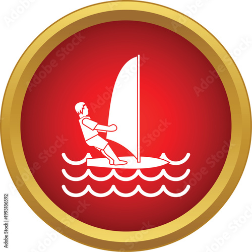 Windsurfer riding on water with sail, enclosed within a red and gold circle