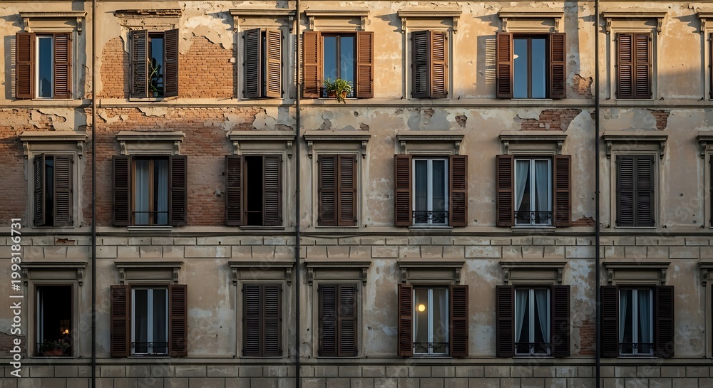 Fototapeta premium Old building facade with many windows and shutters.