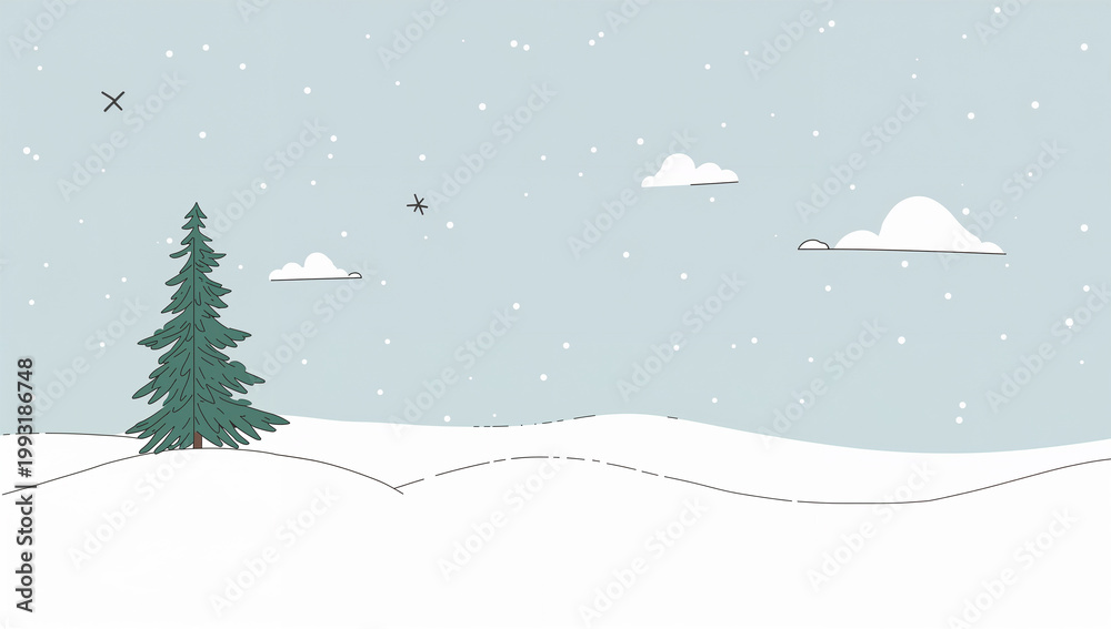 Naklejka premium 北欧風のミニマルな雪原に一本の木を描いた冬背景イラスト