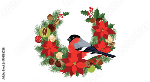 Festive Christmas wreath made of pine branches decorated with red poinsettia flowers, berries, chestnuts, and a bullfinch bird.
