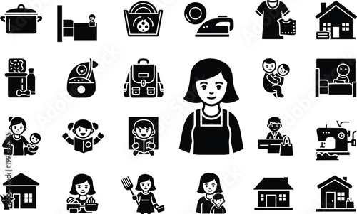 Motherhood and domestic housework activities solid black glyph icon set