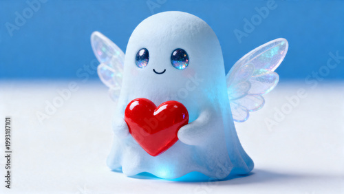 Cute 3D Ghost Character with Angel Wings Holding Red Heart on Blue Background